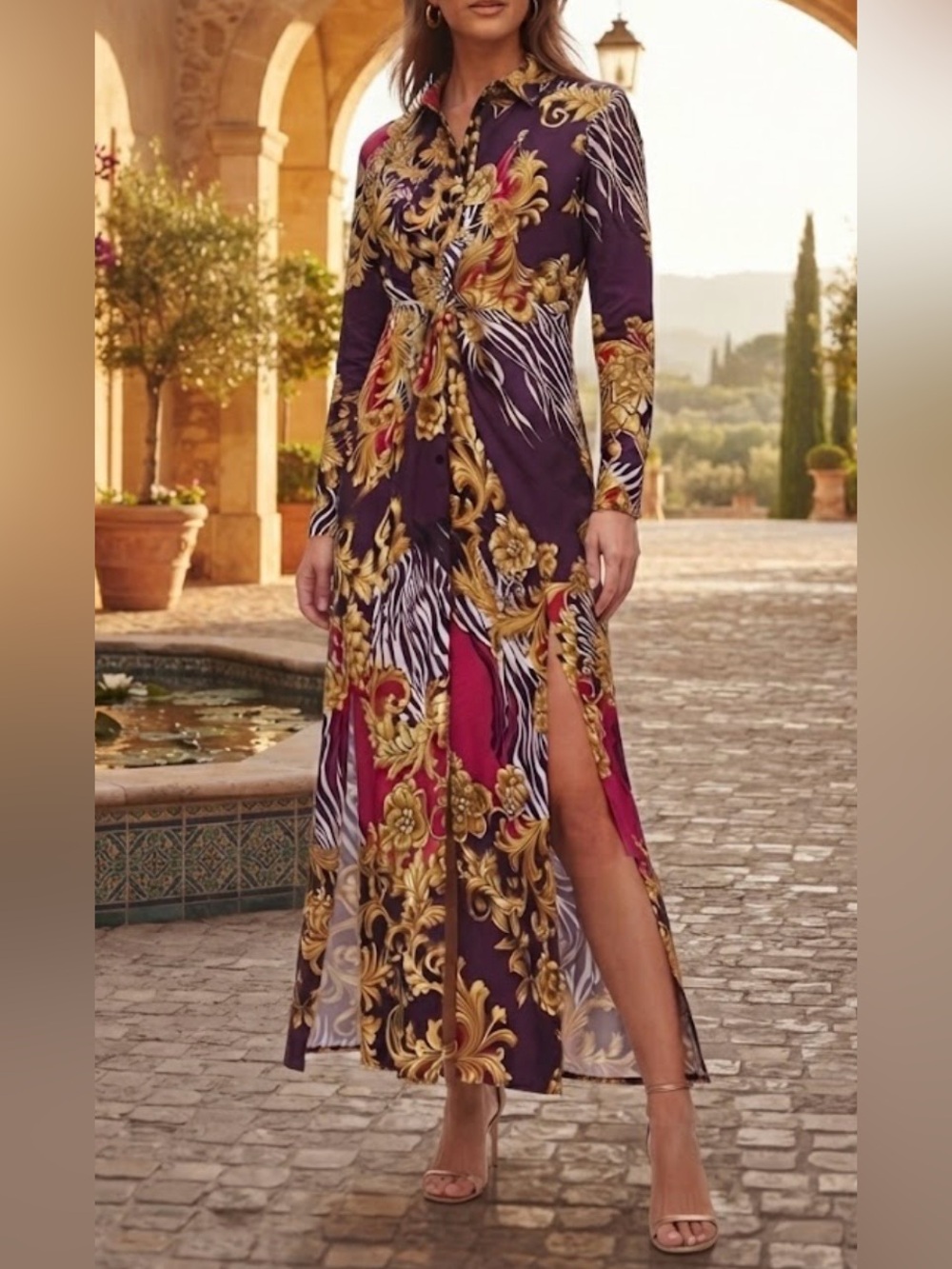 7th AVENUE New York & Company Maxi dress purple gold scroll print NEW size L